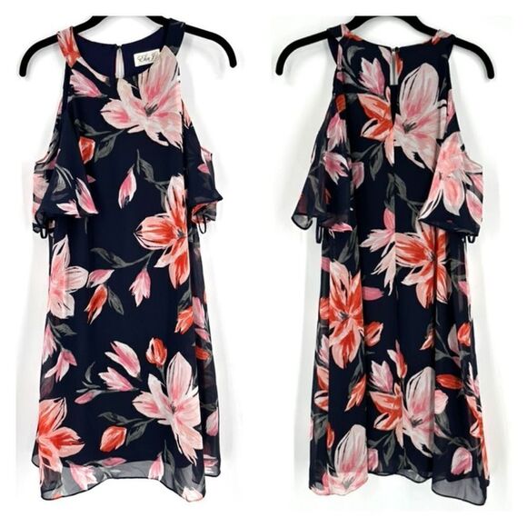 Eliza J Womens Floral Lined Chiffon Cold Shoulder‎ Shift Dress Black Pink Size 6 - Picture 13 of 14